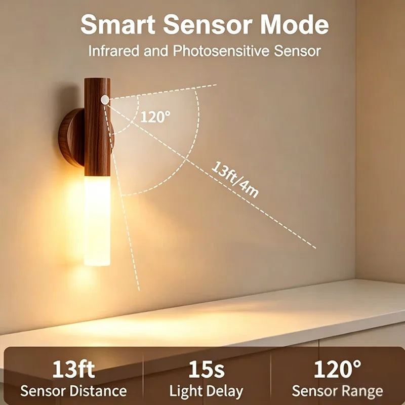 Wood Grain Motion Sensor Light Indoor Magnet Body Hallway Rechargeable LED Wireless Wall Sconce Portable Decor Torch Night Light