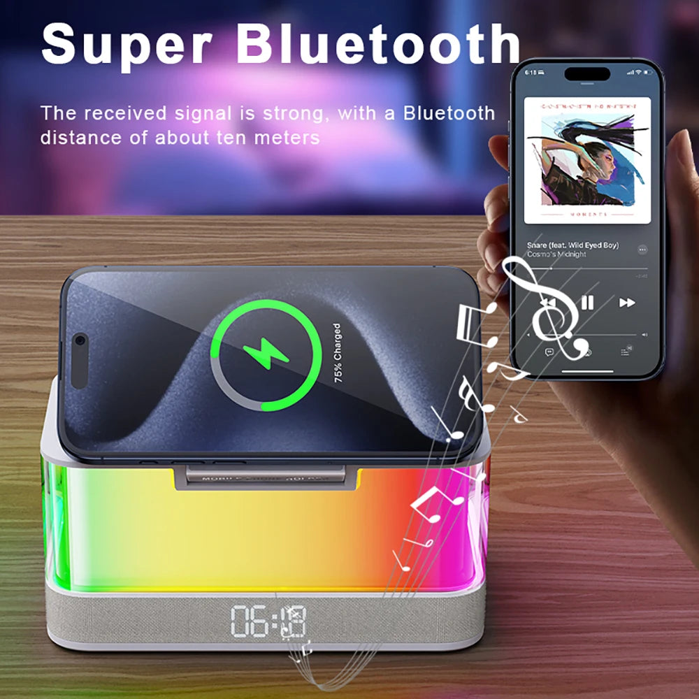 Domars Wireless Charger with Colorful Night Light and Built-In Audio Speaker Supports Fast Charging for Smartphones Earphones