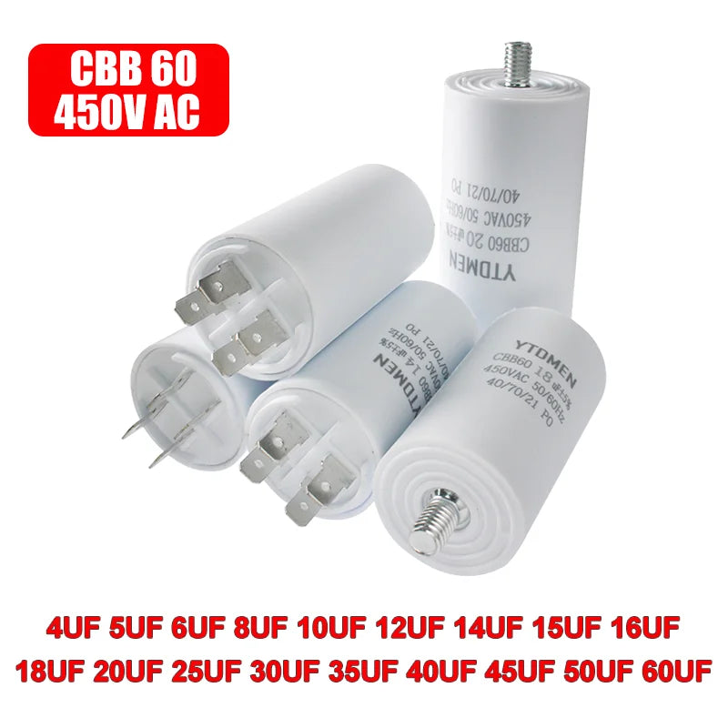 CBB60 Capacitor AC 450V Double Insert Electric Replacement Capacitors 4~60uF with Screw for Air Conditioner Motor Pump Fan ±5%