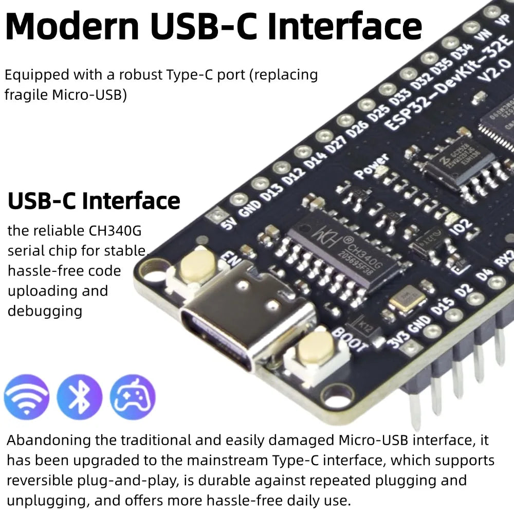 Upgraded ESP32 Development Board with USB-C Port, Equipped ESP32-D0WD-V3 Chip and 4MB Flash, 2.4GHz WiFi + BLE & Classic Bluetoo