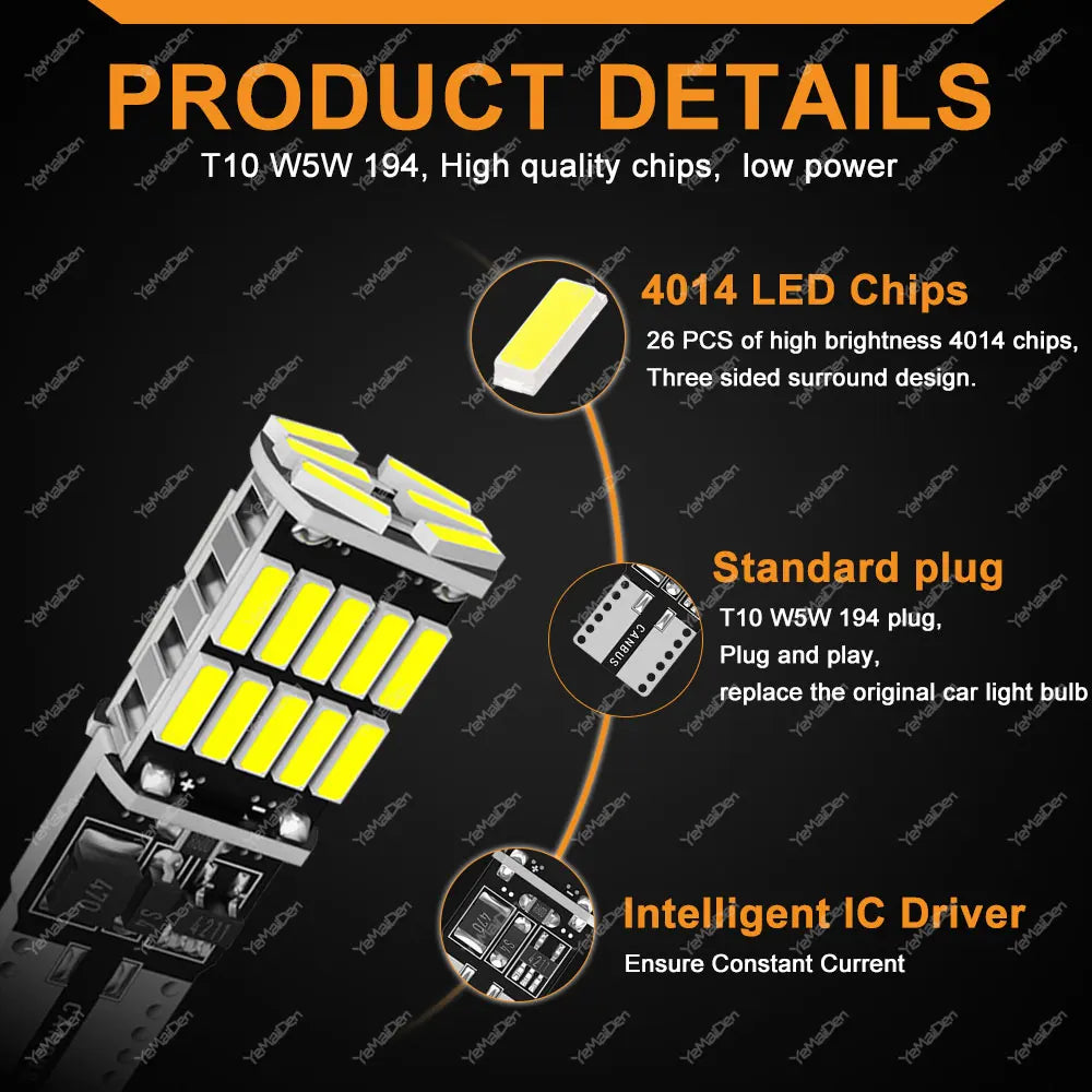 2/4/10/20 PCS CANBUS T10 W5W LED Bulb For Car Interior Dome Trunk License Plate Wedge Side Lights 12V 24V 4014-26SMD 6500K White