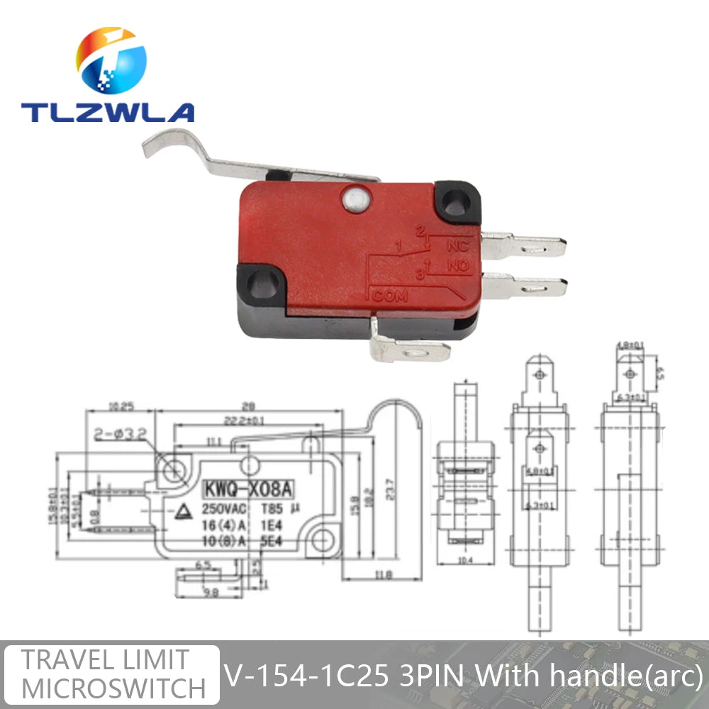 16A 250VAC SPDT Momentary Travel Limit Micro Switch 1NO1NC 3/6Pin Lever Roller V-15 V-151 V-152 V-153 V-154 V-155 Microswitch