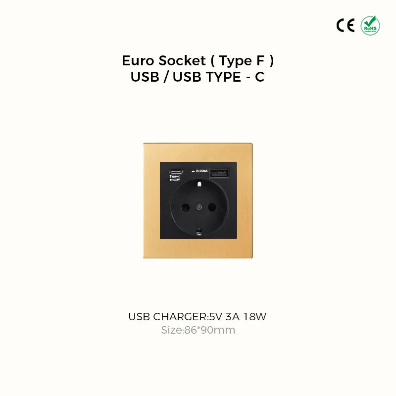 Avoir Metal Panel Toggle Switch 2 Way Gold Copper Lever Wall Power Socket European Plug Usb Type C Charging Port Lighting Dimmer