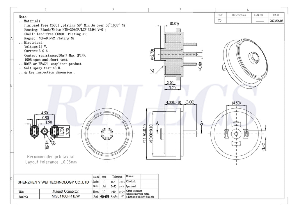 Circular High Current 3A 12V Magnetic Connector Threaded Panel Mount Holes Self-Locking Waterproof Terminals Charging Wire PH2.0