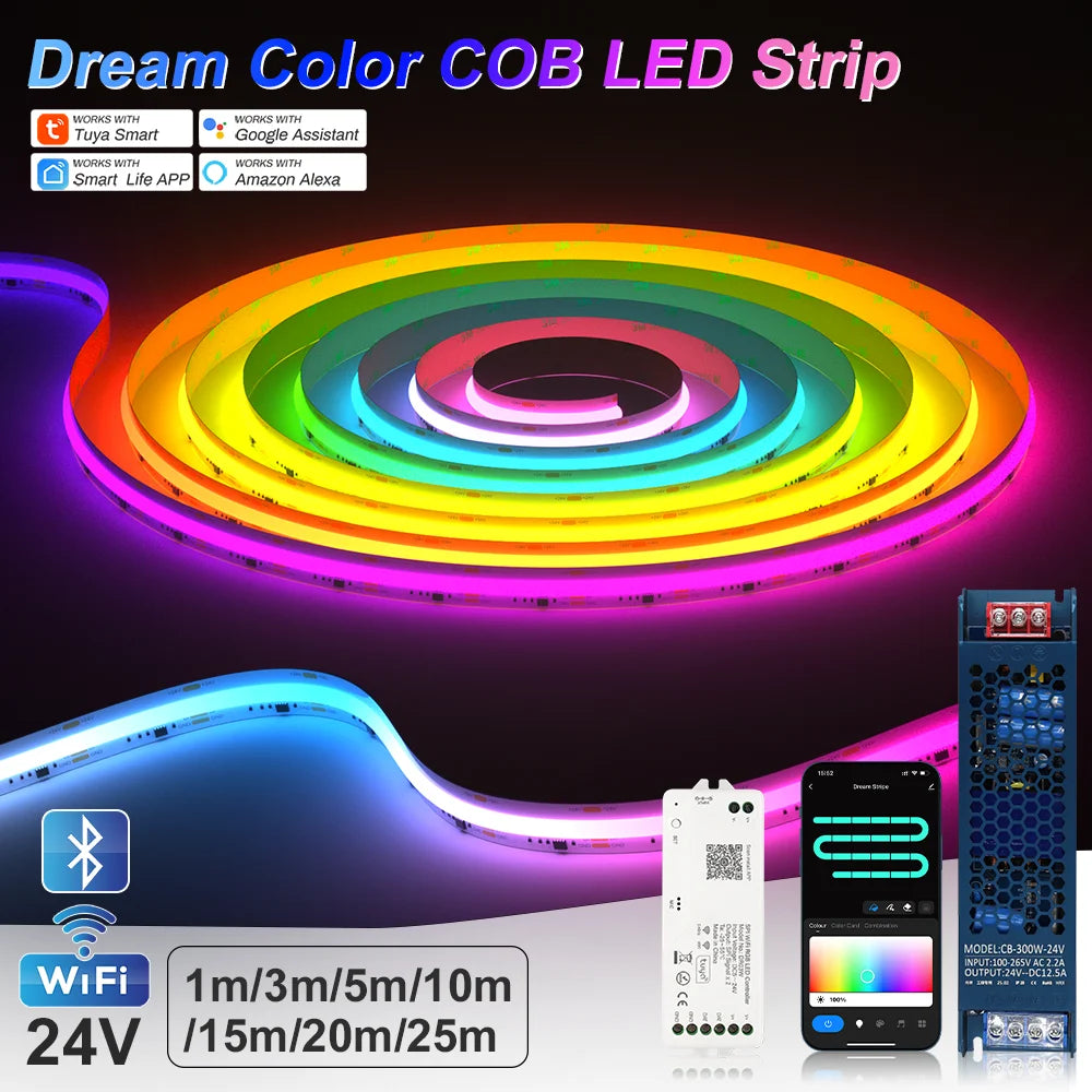 1-25M RGB Addressable COB LED Strip Light 24V WS2811 Pixel LED Strip Tuya WiFi RGBIC LED Ribbon Light Kit For TV Room decoration