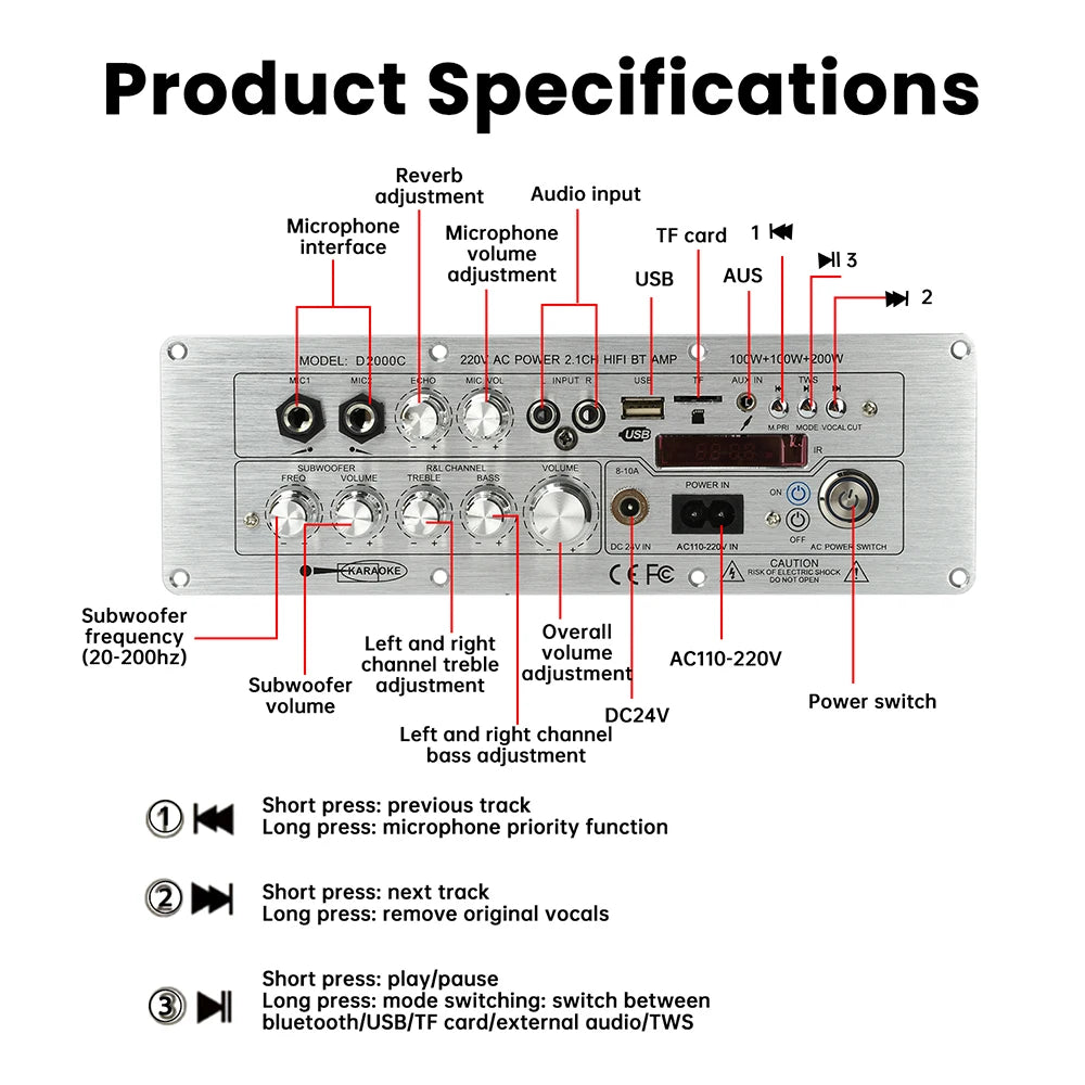 D2000 Bluetooth Amplifier Board 2.1-Channel TPA3221 Power Amplifier 100W+100W+200W with AUX FM USB TF Card TWS DC 24V/AC110-220V