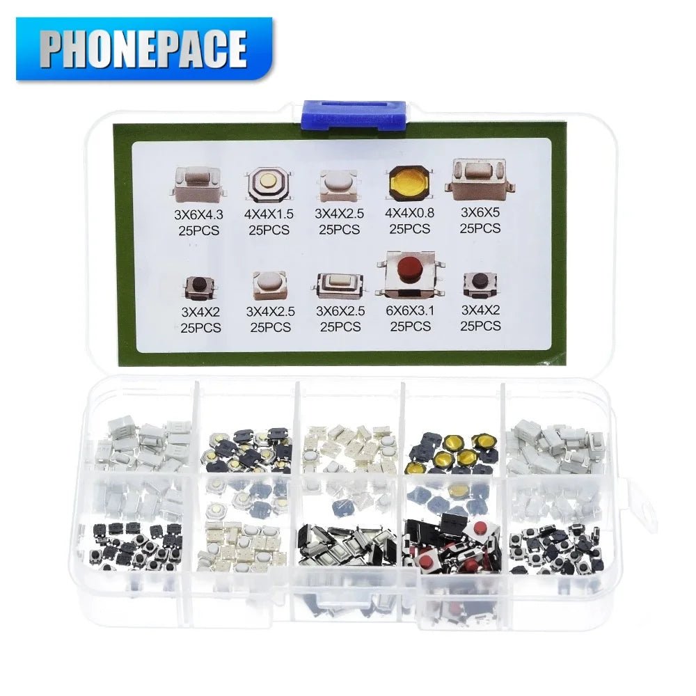 250Pcs 10 Types Car Remote Key Switch Button Kit SMD Tactile Push Switch 44 36 Micro Mini Keys Assortment Pack for Auto Remote C