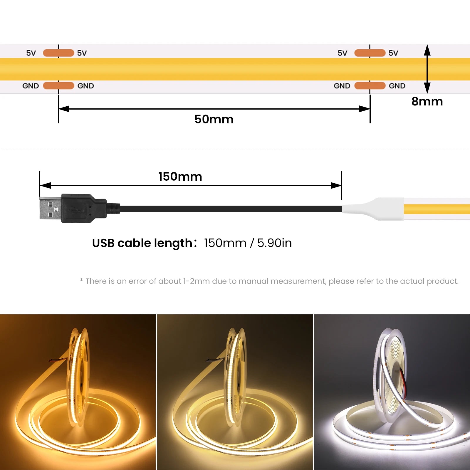 DC 5V USB COB Strip Width 8MM Flexible LED Strip Cabinet Light Lamp Home Decor TV Backlight Pink/Red/White/Ice Blue/Yellow/Green