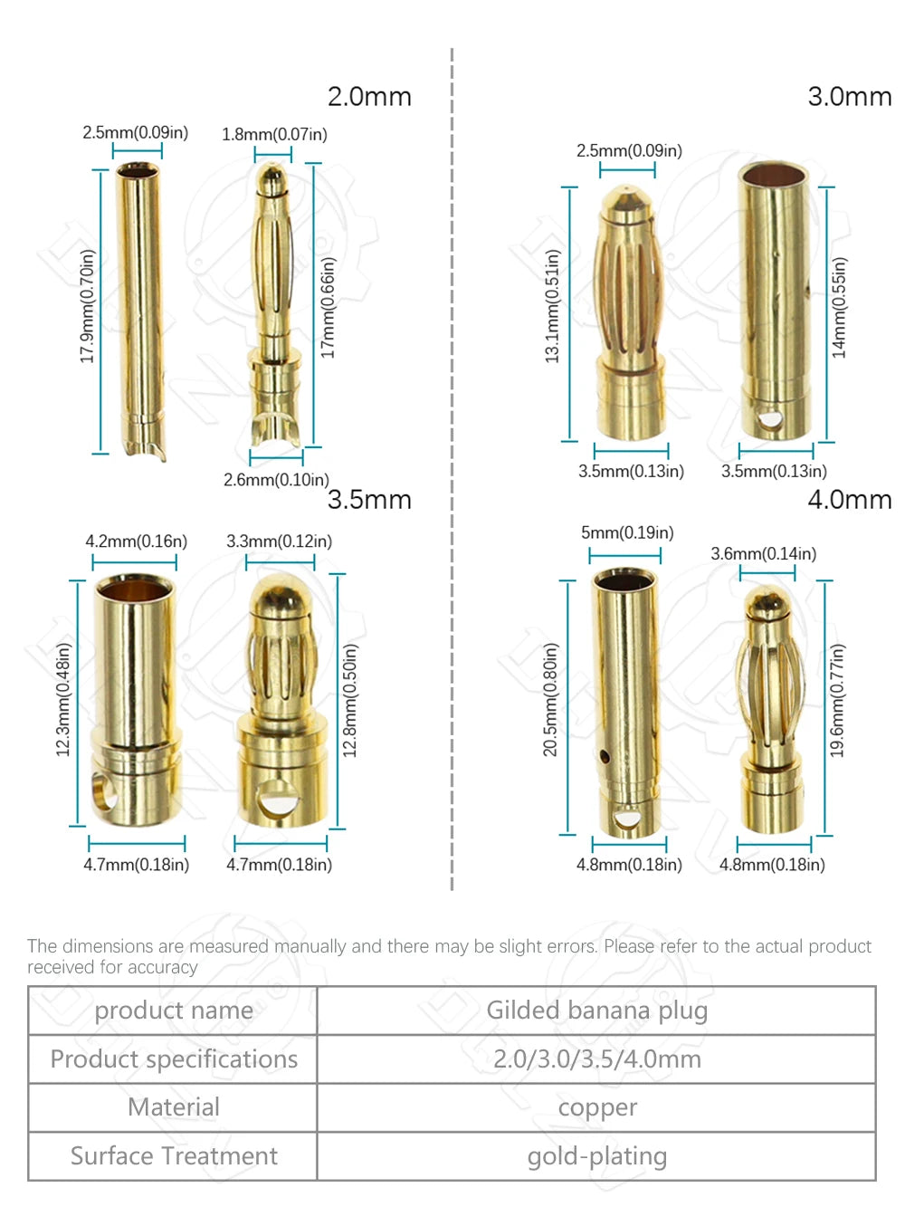 2.0mm 3.0mm 3.5mm 4.0mm 5.5mm 6.0mm 8.0MM Gold Bullet Banana Connector plug for ESC Lipo RC battery Plugs