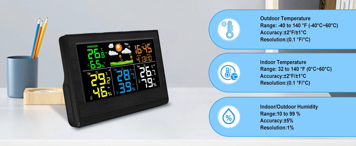 Wireless Weather Station with 3 Sensors 8 Channels 100m Range Indoor/Outdoor Thermometer Hygrometer Alarm Clock for Home Office