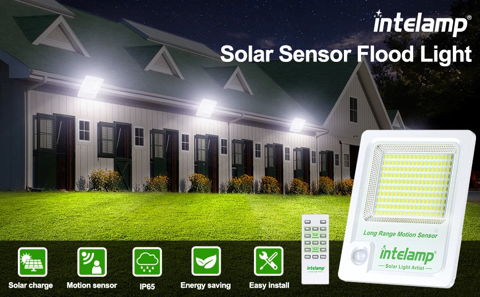 Solar Light Outdoor Motion Sensor Flood Security With Remote Control Powered Wall Dusk to Dawn Garden Porch Farm