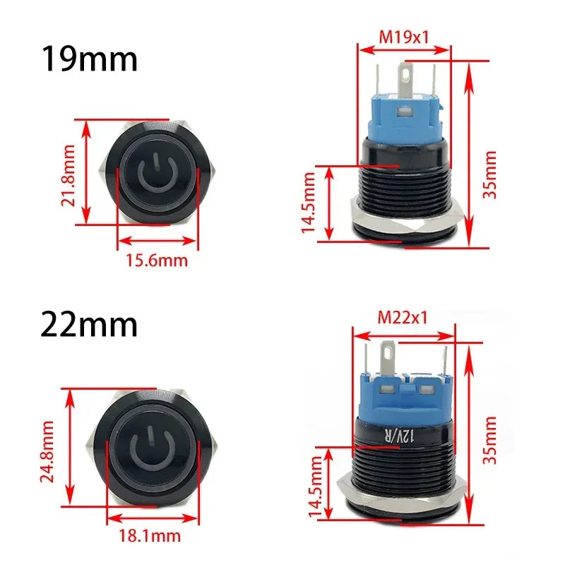 12/16/19/22mm Oxidized Black shell Push Button Switch Momentary Latching Fixed On Off Power Switch LED Light Various Colors