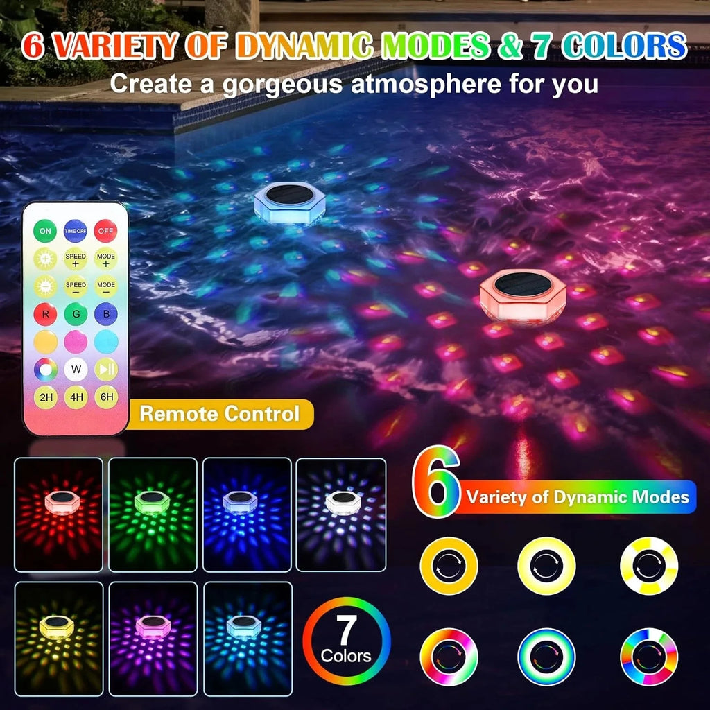 Solar Pool Lights 1/2 Pack, RGB Changing Floating Pool Lights with 10m Remote Control, 4 Dimming, 13 Lighting, Timing Mode, IP68 Waterproof for Inground/Above Ground Pool, Party Decoration