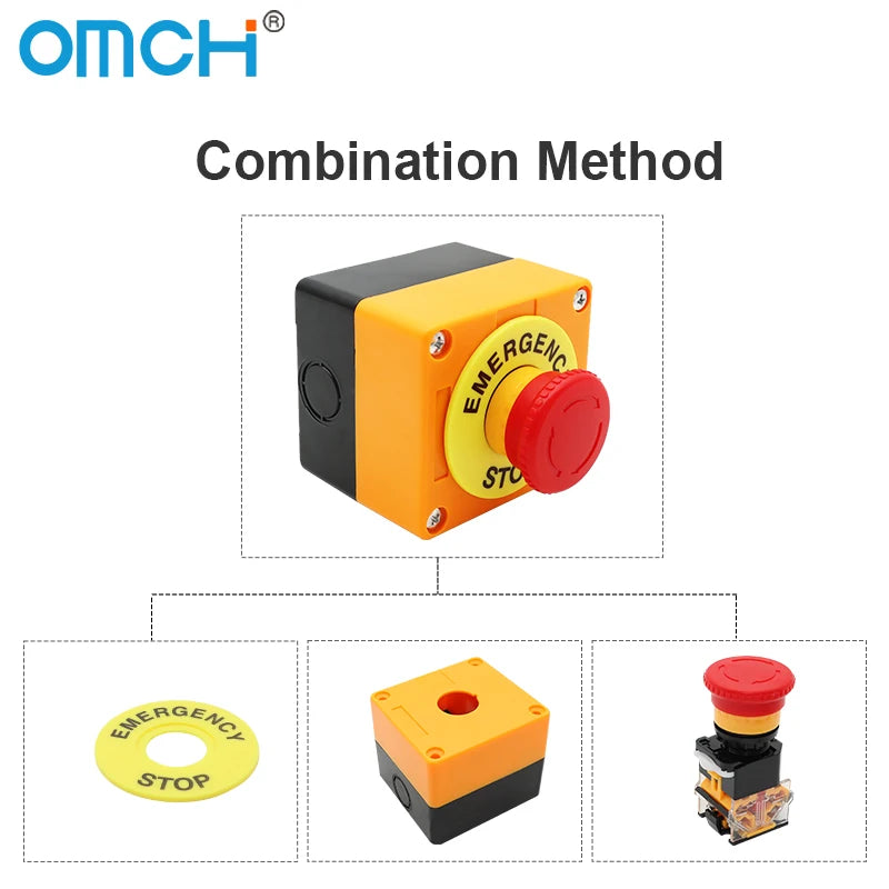 OMCH Self-Locking Button Switch with Box, Mushroom Head, Red Sign, NO + NC, AC660V, 10A, Emergency Stop