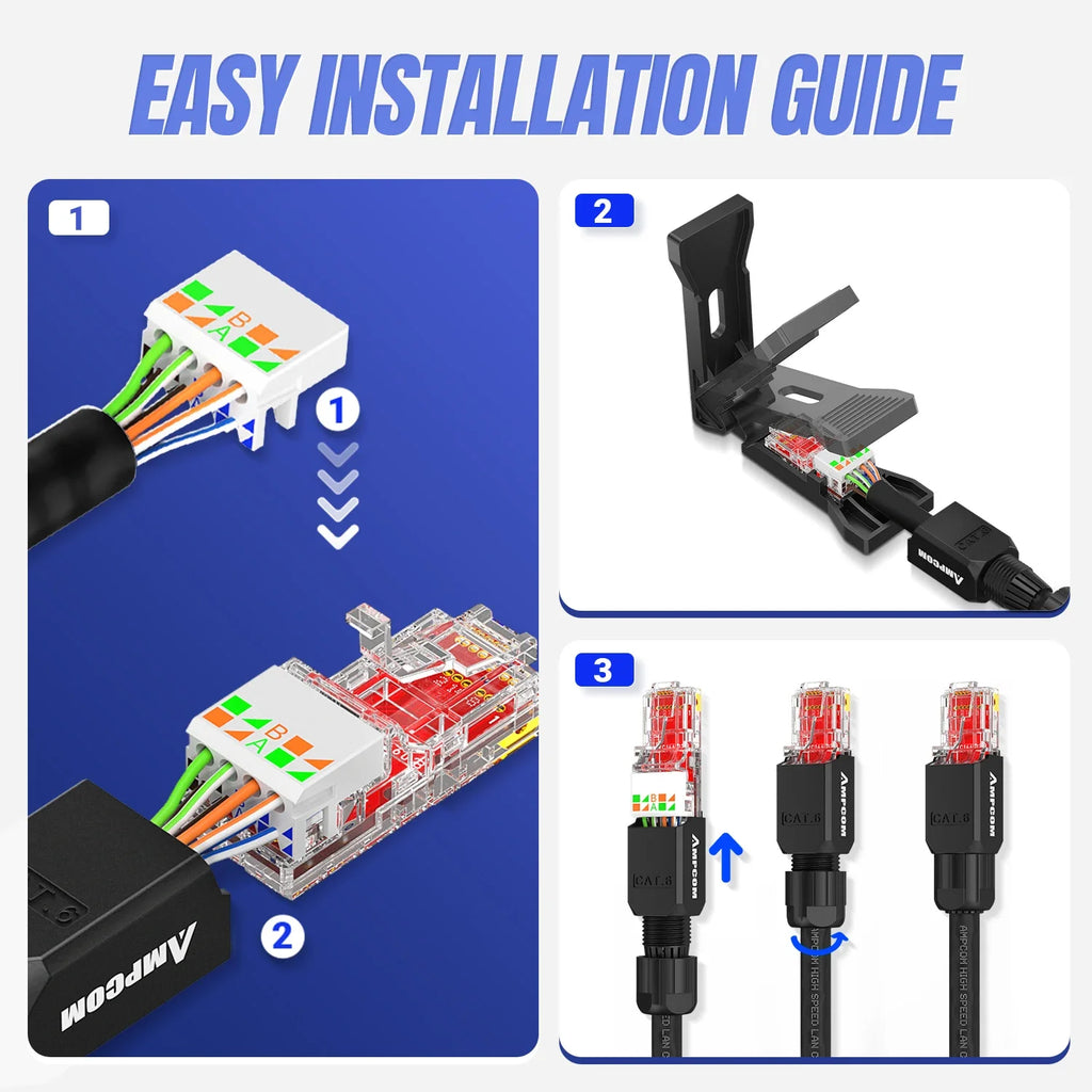 AMPCOM Tool Free RJ45 Connector, No Crimp Tool Less UTP 1000Mbps CAT6/CAT6A Modular PLug for Stranded Solid Lan Ethernet Cable