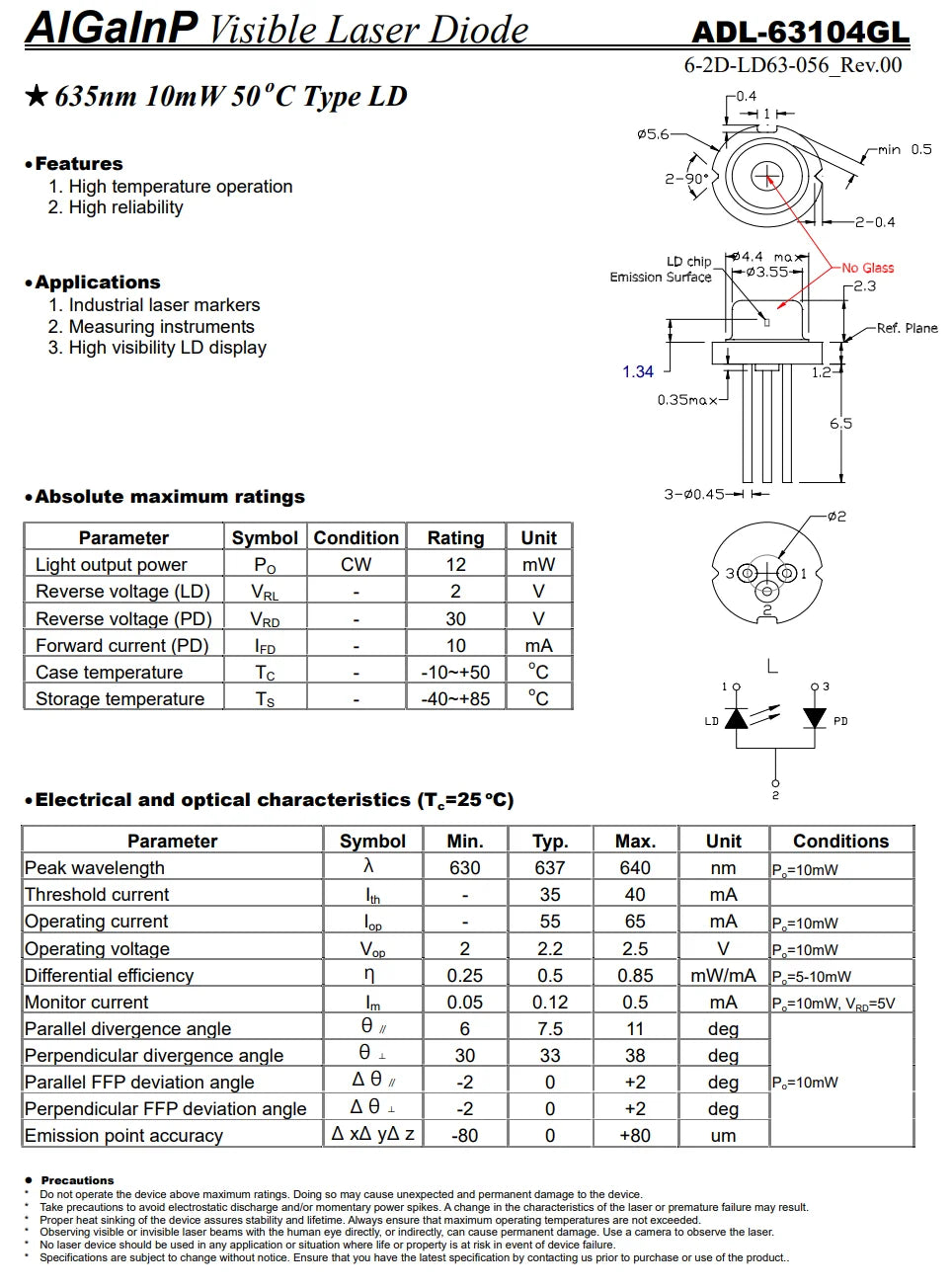 1piece 635nm 5mW RED Laser Diode TO56 N-Type RLD63NPC5 C6 638nm 640nm 10mW 15mW 30mW 50mW 120mW LD185mW GH0631IA2KC