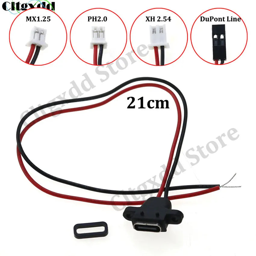 1pcs USB C Type-C 2Pin Waterproof Connector Female Socket Charging Port W/ Welding Wire Dupont Line MX1.25 PH2.0 XH2.54 Terminal