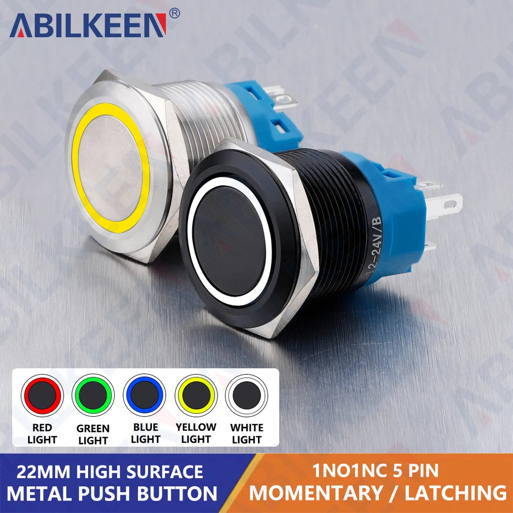 ABILKEEN 22MM Black Shell Push Button Switch LED Ring Illuminate Momentary/Latching Function 1NO1NC IP65 Waterproof Push Button