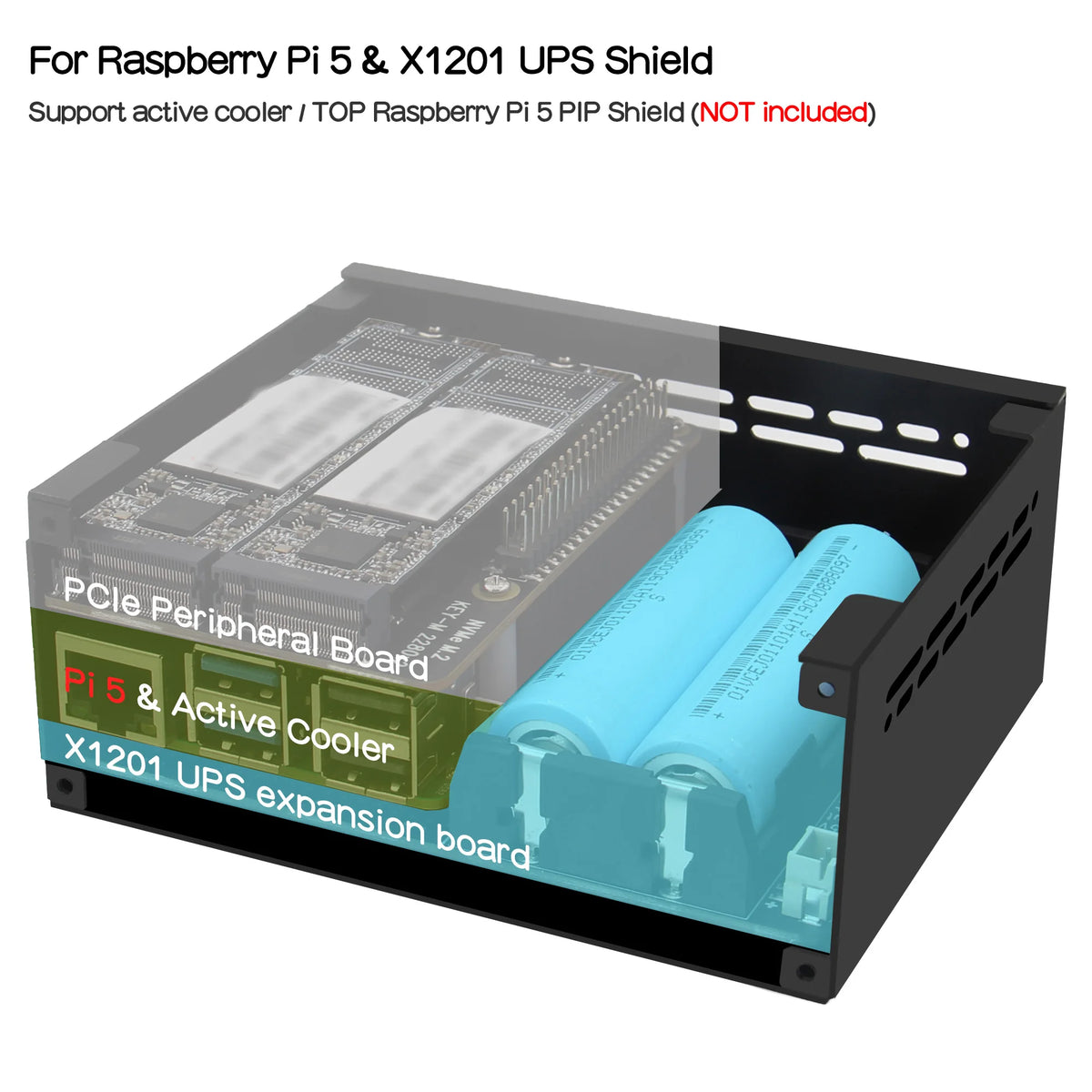 Geekbord X1201-C1 Metal Case for Raspberry Pi 5 & X1201 UPS Shield & Active Cooler