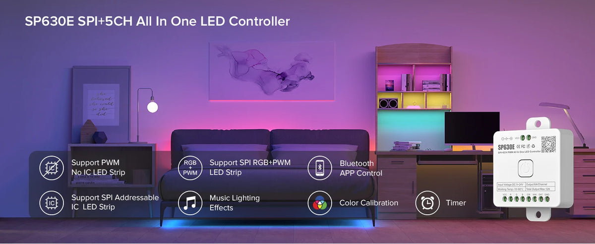 SP630E All In One LED Controller 5CH PWM SPI Pixels LED Light Strip WS2812B WS2811 SK6812 FCOB 5050 RGB RGBW CCT Music BT 5V-24V
