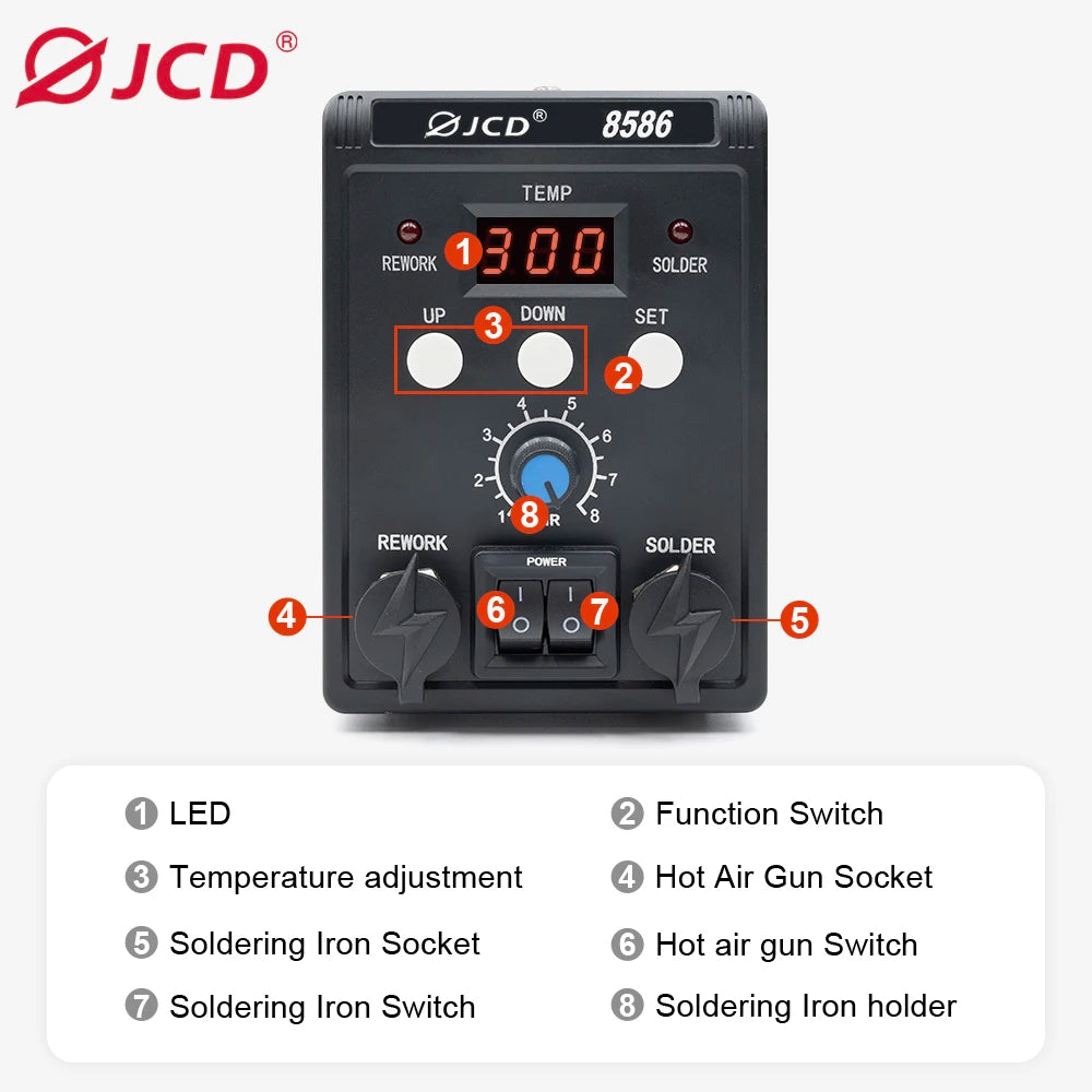 JCD 750W Soldering Station 8586 LCD Digital Display SMD Rework Hot Air Gun Soldering Iron 220V 110V ESD Welding Repair Tools