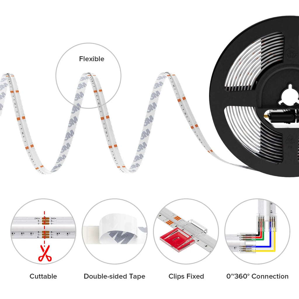 FCOB RGBCCT LED Light Strip 6Pin 12mm DC24V 960 LEDs RGB CW WW FOB Flexible COB Linear Lights High Density RA90 Dimmable Strip