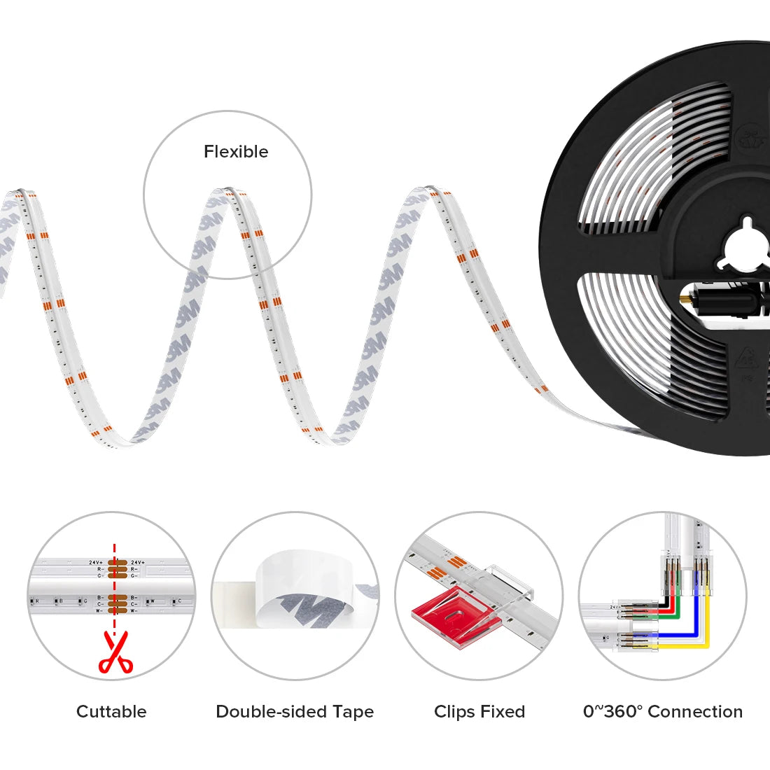 FCOB RGBCCT LED Light Strip 6Pin 12mm DC24V 960 LEDs RGB CW WW FOB Flexible COB Linear Lights High Density RA90 Dimmable Strip