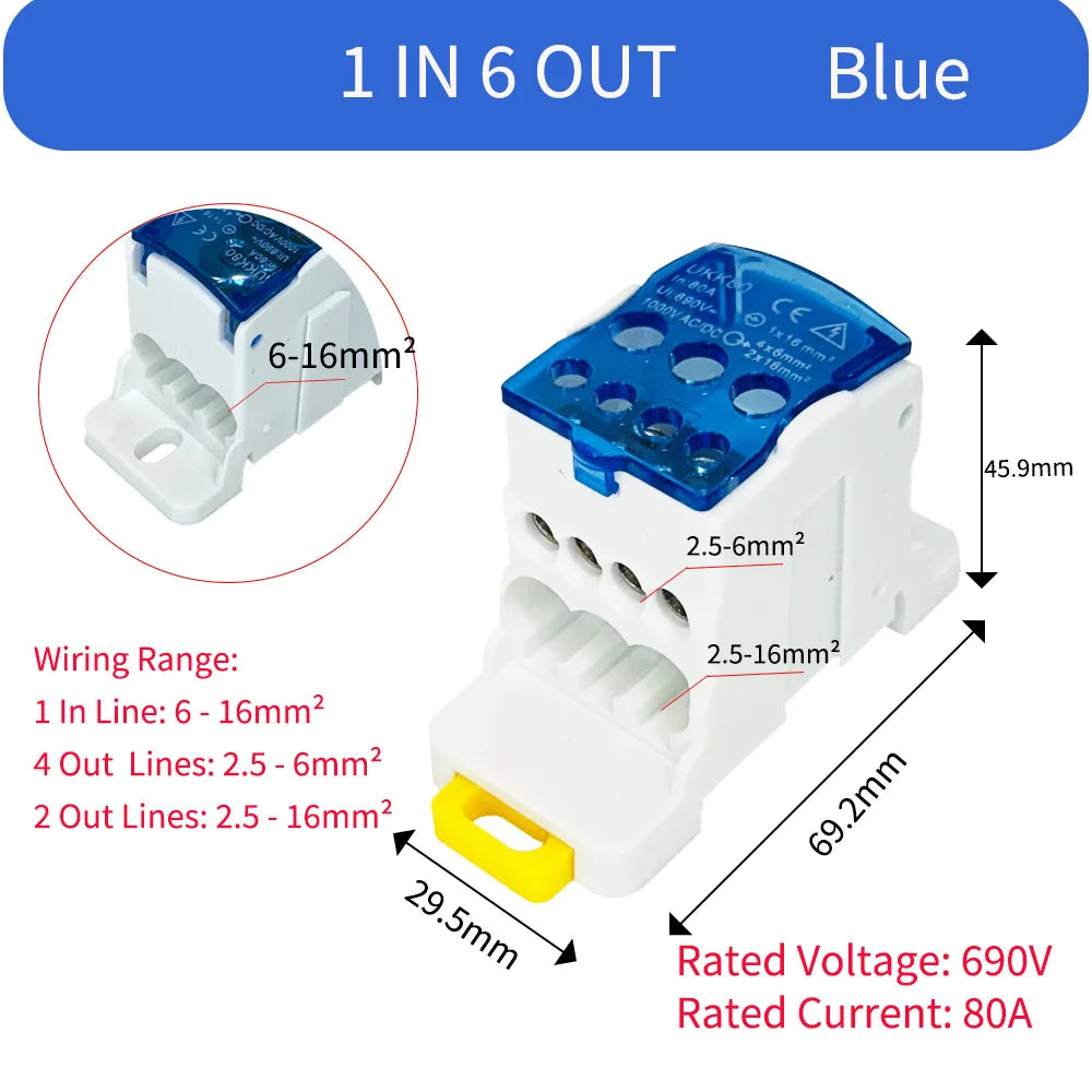 UKK80A Single Pole Power Splitter Box Large Current One In Multi Out DIN Rail Branch Line Distribution Terminal Block UKK80A