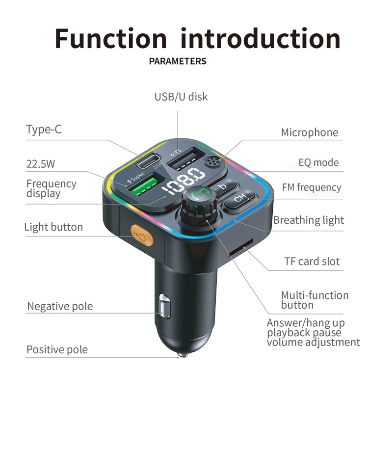 FM Transmitter Bluetooth 5.0 Car Handsfree Audio Mp3 Player Adapter USB 22.5W Quick Charging Type-C Fast Charger FM Modulator