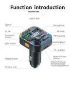 FM Transmitter Bluetooth 5.0 Car Handsfree Audio Mp3 Player Adapter USB 22.5W Quick Charging Type-C Fast Charger FM Modulator