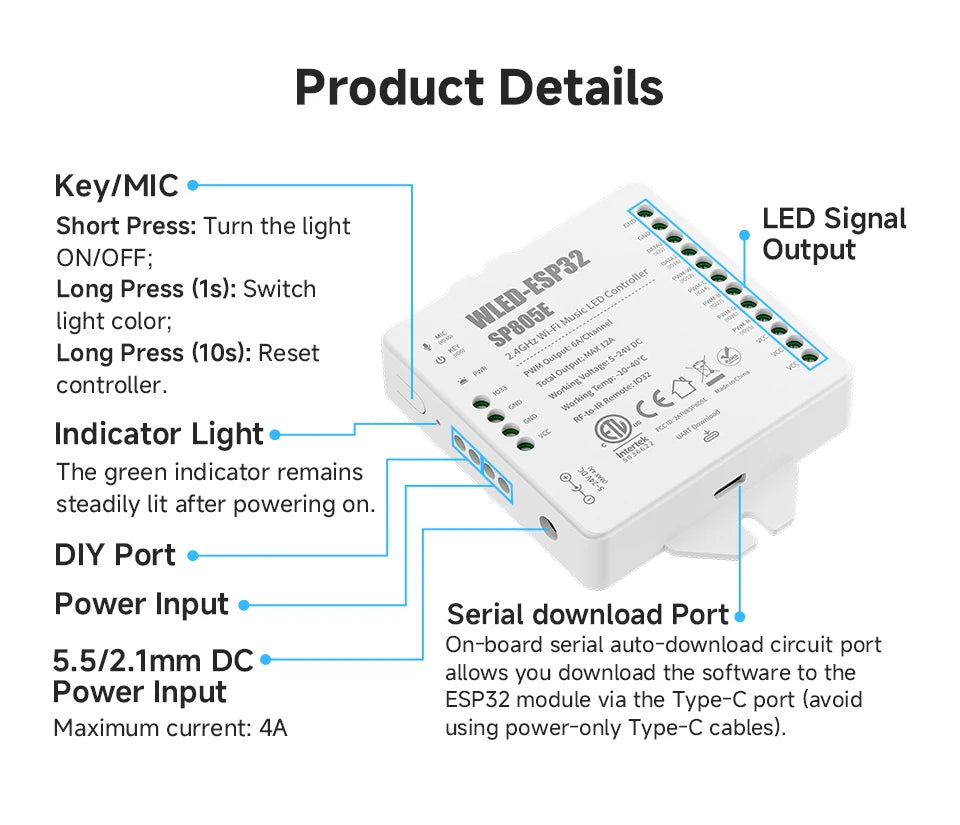 SP805E ESP32 WLED Controller WiFi Music LED Controller for Addressable WS2811 WS2812 WS2814 WS2815 SK6812 PWM CCT RGB Cob Strips
