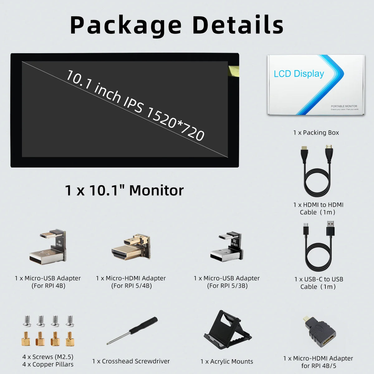 10.1 Inch 1520 X 720 IPS HD Display LCD Monitor Screen for Raspberry Pi 5/4B/3B+ Windows