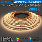 Auxmer Low Power 2835 LED Strip,Mono Color,120LEDs/m 240LEDs/m,CRI＞95/90,3SDCM,Super Bright Flex LED DC12/24V,5m/reel,IP20