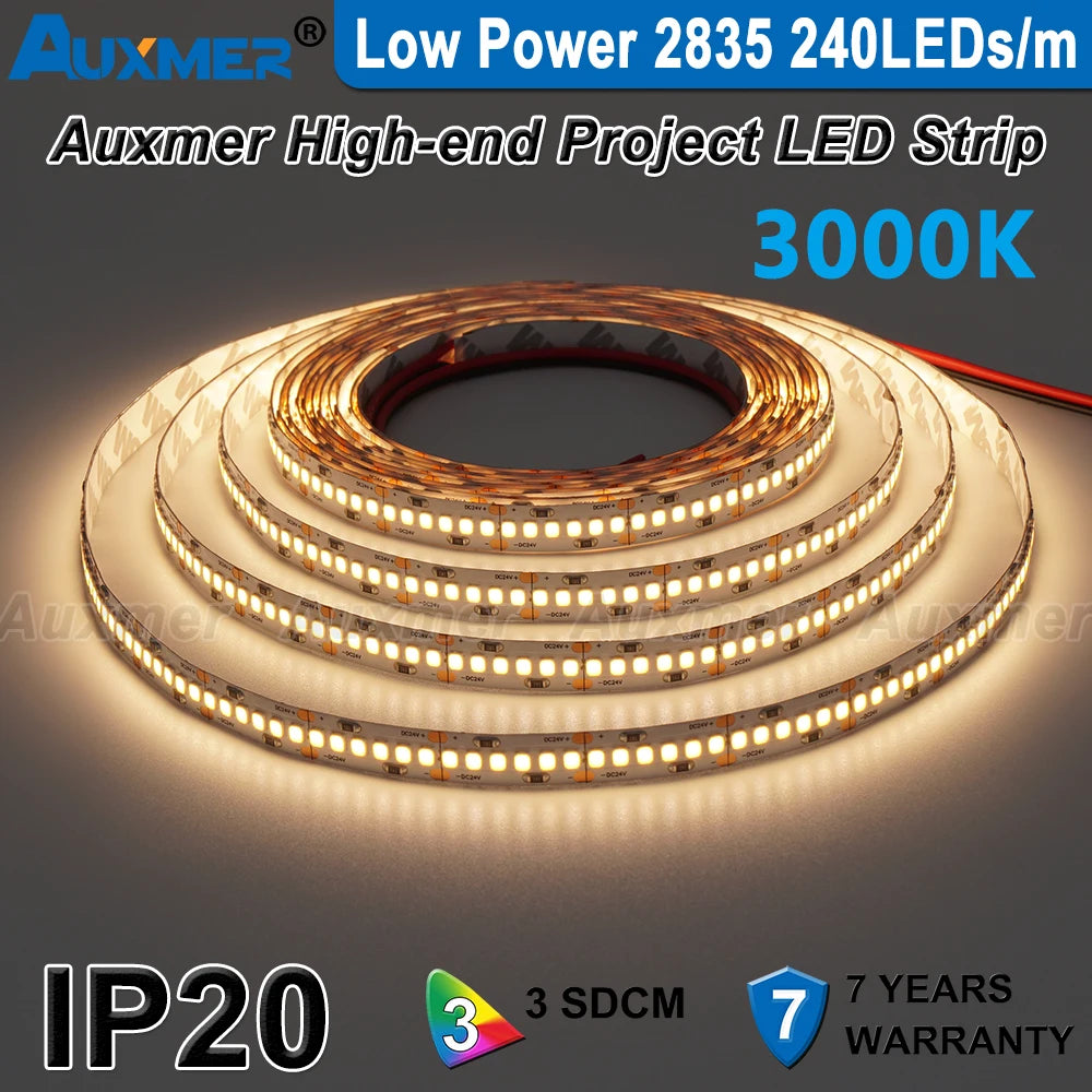 Auxmer Low Power 2835 LED Strip,Mono Color,120LEDs/m 240LEDs/m,CRI＞95/90,3SDCM,Super Bright Flex LED DC12/24V,5m/reel,IP20