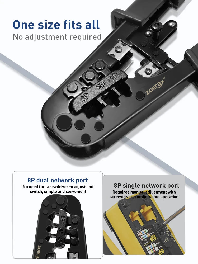 ZOERAX RJ45 RJ12 RJ11 Network Crimp Tool 8P6P4P Tester Tool With Strip,Cut,Crimp and Test Functions(Battery is Not Included)