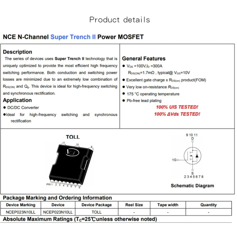 5PCS NCEP023N10LL TOLL-8 N-Channel 100V 300A Power FET 023N10LL