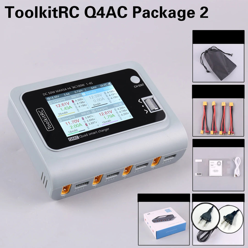 ToolkitRC Q4AC 4x50W 5A AC 100W 4 Port DC Smart Discharger Charger XT60/XT30 Optional for 1-4S Lipo Battery