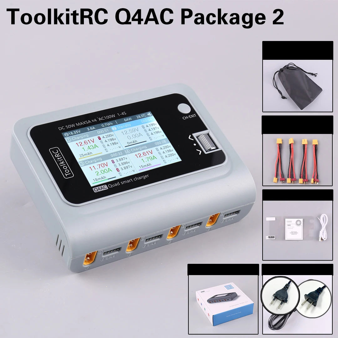 ToolkitRC Q4AC 4x50W 5A AC 100W 4 Port DC Smart Discharger Charger XT60/XT30 Optional for 1-4S Lipo Battery