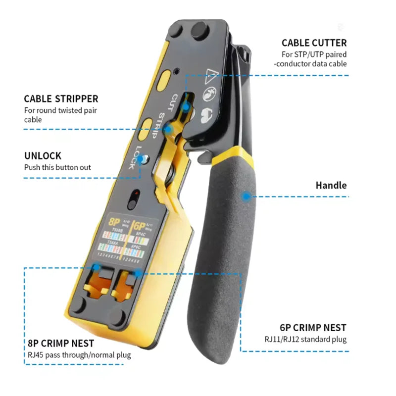 AOKIN RJ45 Network Crimper - 3-in-1 Crimp/Cut/Strip Lan CAT8/7/6A/6/5E (STP/UTP) & RJ11/12 Tel Modular Cable