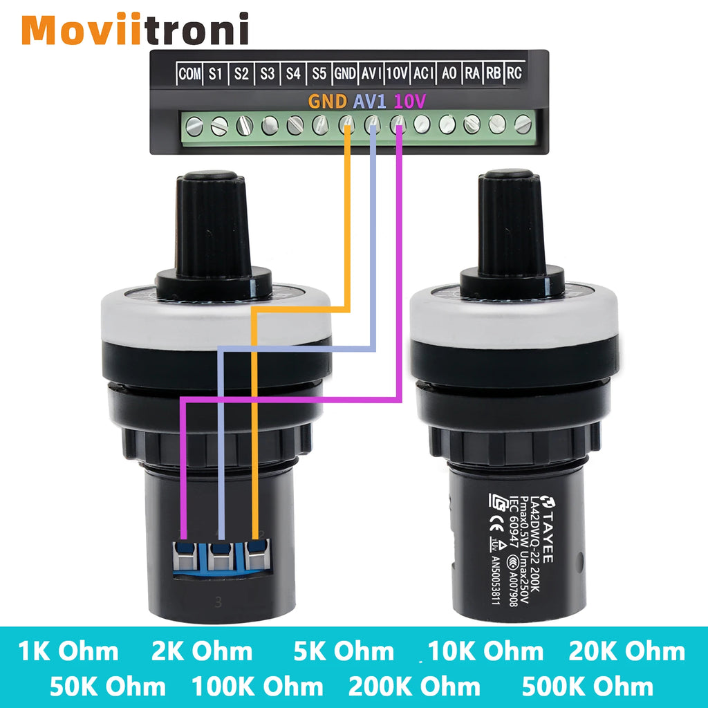 LA42DWQ-22 1/2/5/10/20/50/100/200/500K Ohm Variable Speed Drive Potentiometer 22mm Rotary Inverter Converter Resistance Switch