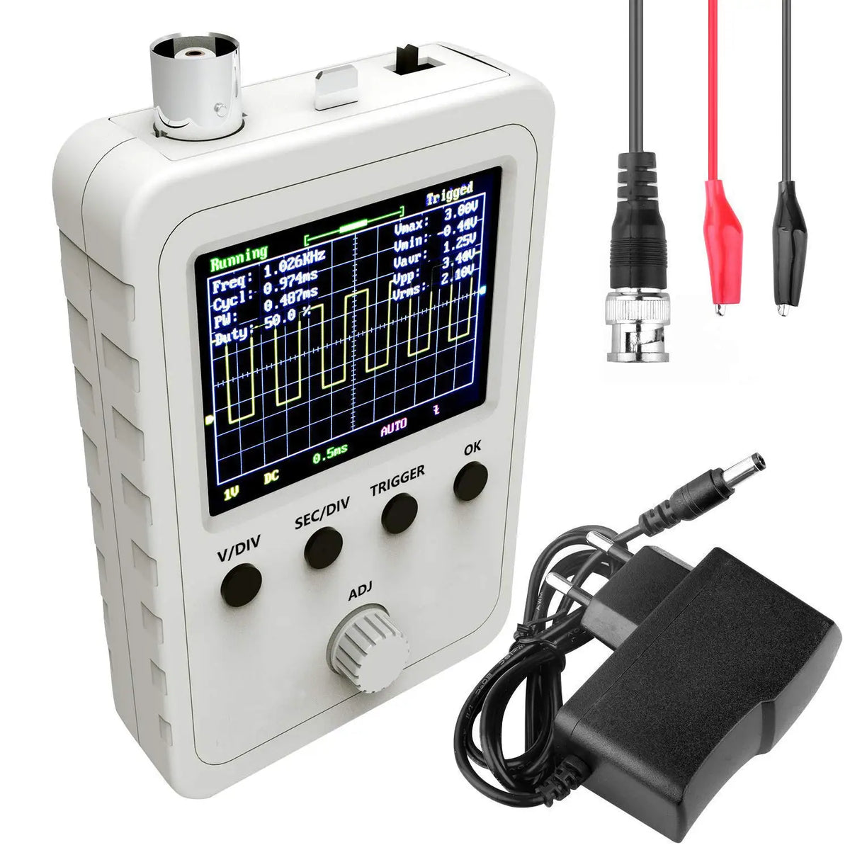 FNIRSI 2.4” TFT Handheld Digital Oscilloscope 0-200KHz Bandwidth 1M Sampling Rate with BNC-Clip Cable Probe and Power Supply