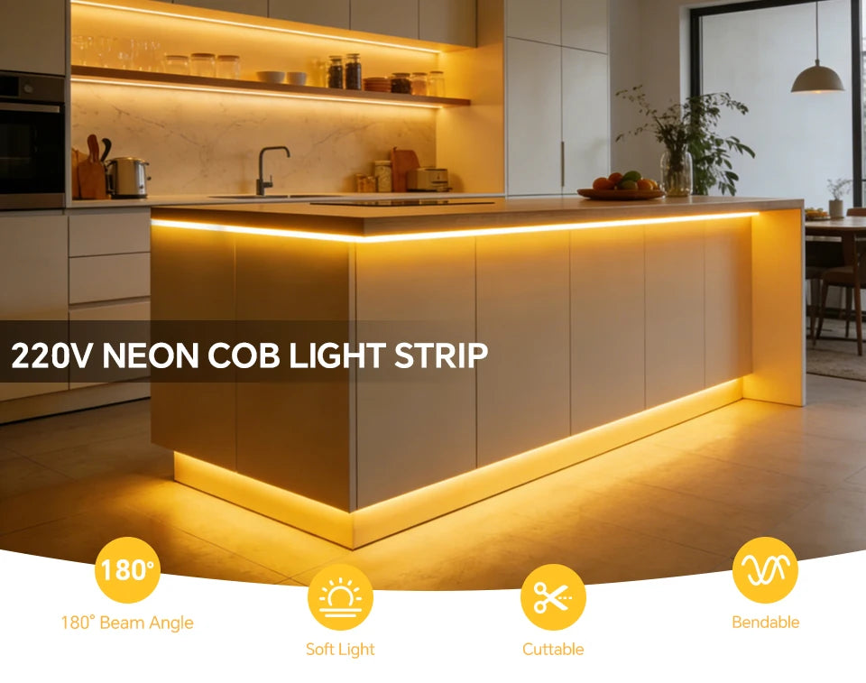 Super Bright 220V COB LED Strip Neon Lights 280LEDs/m Flexible Kitchen Lamp RA90 Waterproof LED Tape With EU Power Plug 1M-30M