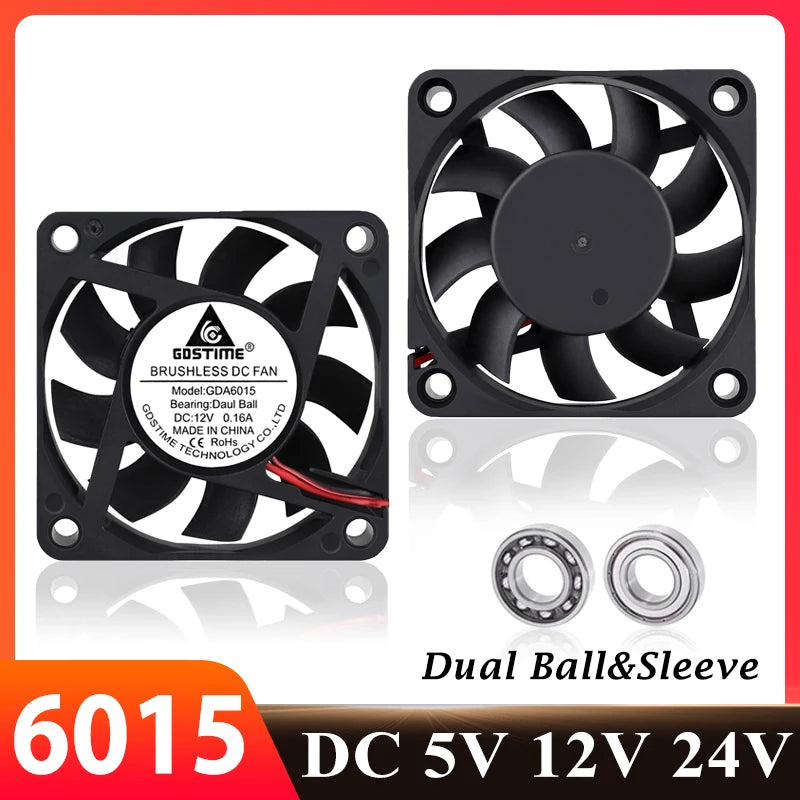 Gdstime 60MM 6015 12V 24V Axial Fan 5V USB PC Case Fan Ball DC Brushless Fan 2PIN 60x60x15MM 3D Printer Cooling Fan CPU Cooler