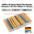 600Pcs Assorted Metal Film Resistor Kit 30 Values 1/4W 1ohm-10Mohm 1% Tolerance Resistance for Electronics Projects