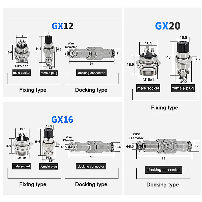 5/10Set GX12 GX16 GX20 Aviation Connector 2 3 4 5 6 7 8 9 10 12 14 15 Pin Docking Fixing Circular Metal Male Female Plug Socket