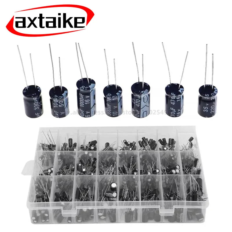 120/200/500pcs Radial Capacitors Set 12 15 24 Values 16V 25V 50V 0.1uF-1000uF Electrolytic Capacitor Assortment Kit Box
