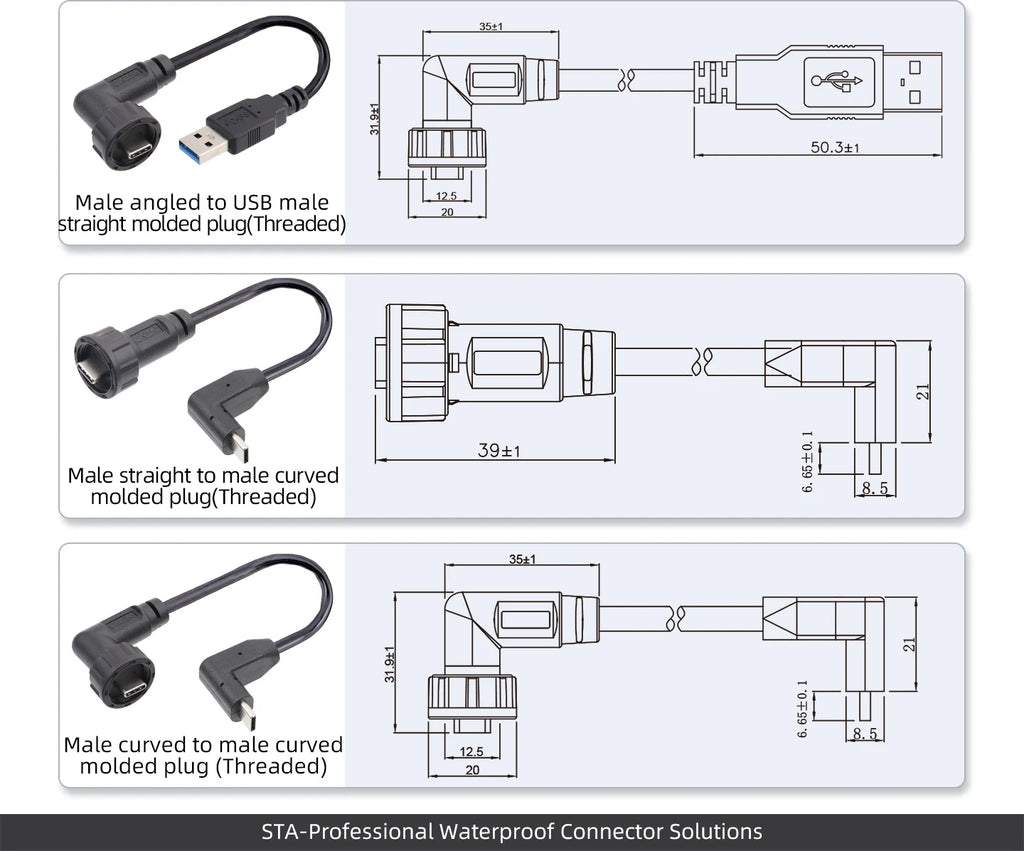 Type-C 3.1/USB A IP68 Waterproof Circular Connector Male to Female Aviation Plug 20Gbit/s PD60W Outdoor Fast Data Charging Cable