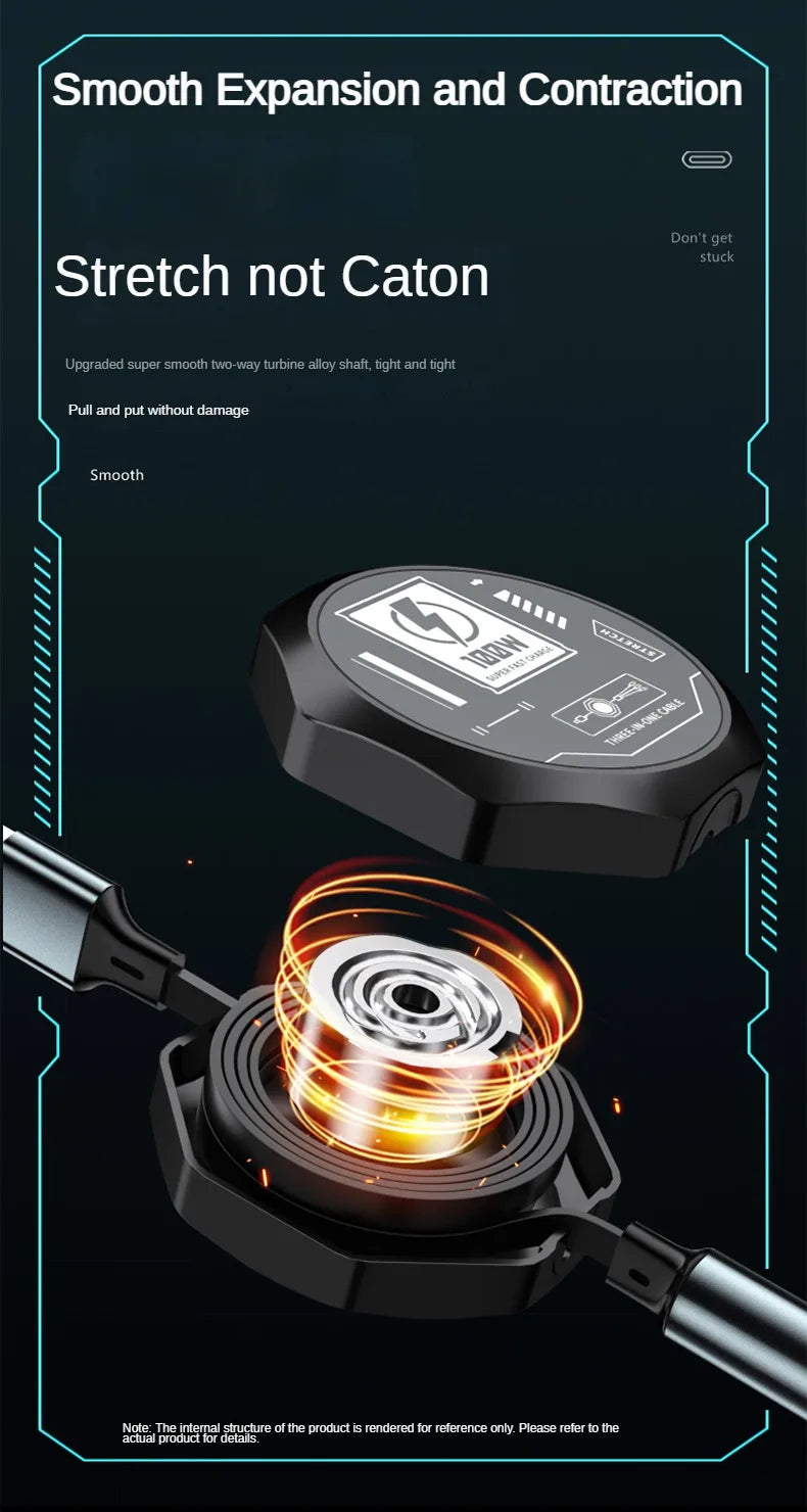 3 In 1 Retractable USB 100W Cable Fast Charging And Data Micro USB Type C For iphone6-14 Android Phone Xiaomi Huawei OPPO