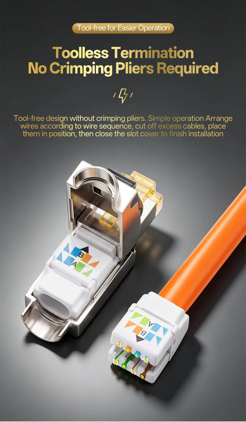 Cat7 Tool‑Free RJ45 Connector Shielded Reusable Field Termination Zinc‑Alloy No Crimp for CAT7 CAT6A STP Network Cabling Project