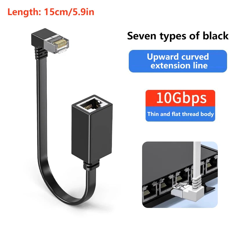 【Ultra 10G RJ45 Male To Female Adapter Cord 90 Degree Flat Ultra Right/Left Angle Elbow Network Wire CAT7 Extension Cable】